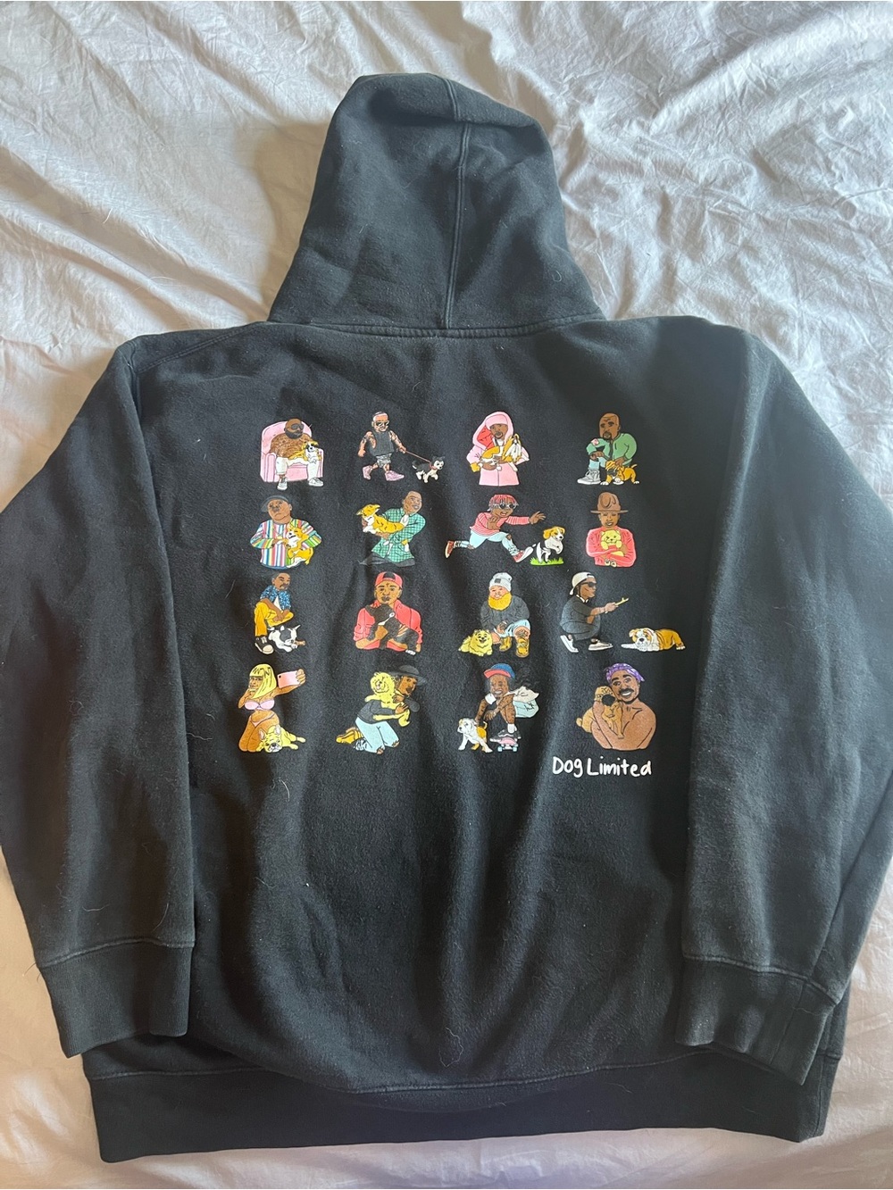 Rappers with Puppies Black Hoodie with Colorful Character & Dog Grid Print